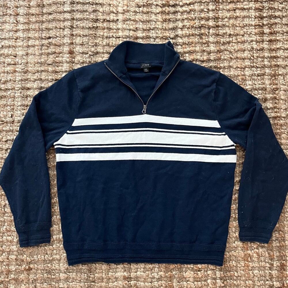 J.Crew Organic Cotton Half Zip Sweater Navy White Stripe XXL Men's EUC Preppy